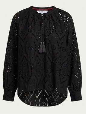 One Collective Black Eyelet Lace Boho Blouse Balloon Sleeve Tassel Tie Top M